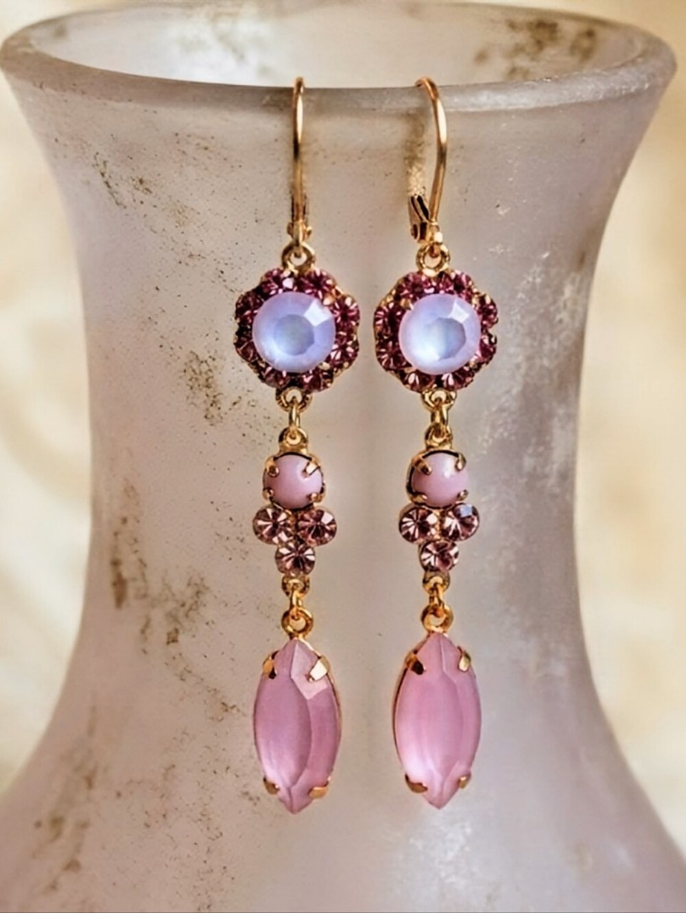 Victorian Very Faint Powder Pink Swarovski Crystals In Gold Plated Earrings